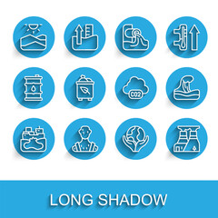 Set line Wrecked oil tanker ship, High human body temperature, Drought, Hand holding Earth globe, Nuclear power plant, Recycle bin with recycle, Tsunami and CO2 emissions cloud icon. Vector