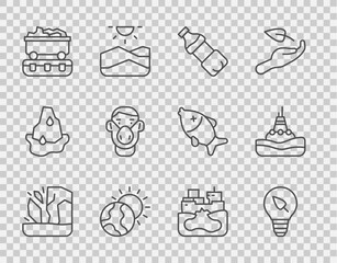 Set line Glacier melting, Light bulb with leaf, Bottle of water, Global warming, Coal train wagon, Face protective mask, Wrecked oil tanker ship and Floating buoy the sea icon. Vector