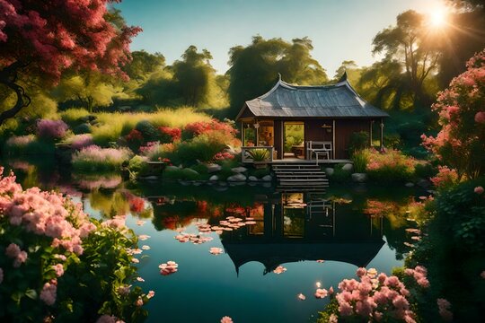 Capture the serene essence of a flower garden oasis, with a quaint hut overlooking a glistening lake. Let the camera immortalize this picturesque view in a captivating photograph.