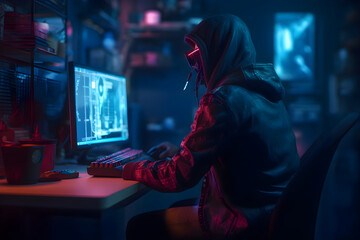 Fototapeta na wymiar Cyber attack concept. Young man in hood with computer at dark room.