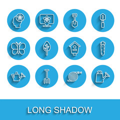 Set line Watering can, Garden rake, Human head with flower inside, hose, Forest, Carrot and Bird house icon. Vector