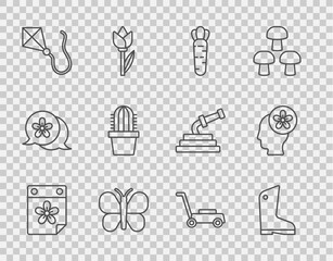 Set line Calendar with flower, Rubber gloves, Carrot, Butterfly, Kite, Cactus peyote in pot, Lawn mower and Human head inside icon. Vector