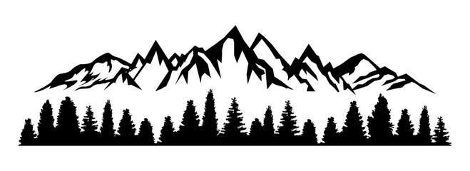 Mountain ridge with many peaks and the forest at the foot, nature skyline silhouette - stock vector - obrazy, fototapety, plakaty