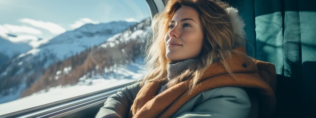 Portrait of young female tourist traveling by train snow landscpae Beautiful girl with a backpack sitting in the train. Traveling, journey