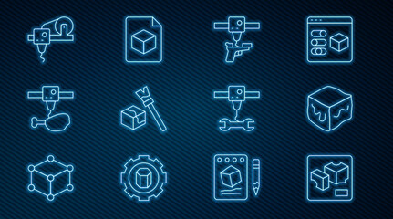 Set line 3D printer, Isometric cube, gun, chicken leg, wrench spanner and file icon. Vector
