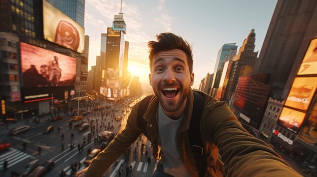 Smiling cheerful travel vlogger influencer streaming online lives to his followers during his journey travel in beautiful urban downtown travel destination travel ideas concept