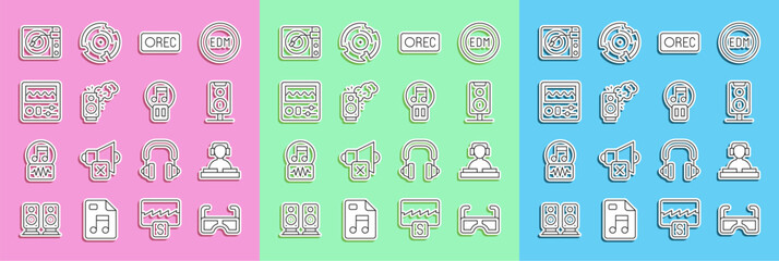 Set line Glasses, DJ playing music, Stereo speaker, Record button, Drum machine, Vinyl player with vinyl disk and Pause icon. Vector