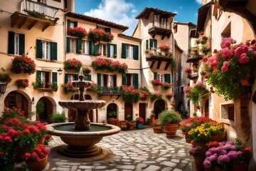 A traditional village square, featuring a charming fountain surrounded by historic buildings with flower-filled balconies. - obrazy, fototapety, plakaty