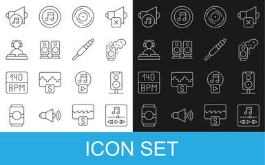 Set line Music player, Stereo speaker, Vinyl disk, DJ playing music, Speaker volume and Audio jack icon. Vector