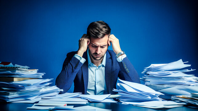 Homme d&eacute;bord&eacute; par trop de travail et surmen&eacute;