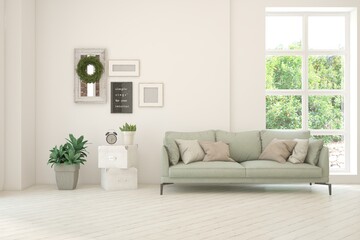 White scandinavian interior design with sofa. 3D illustration