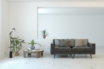 White living room with sofa. Scandinavian interior design. 3D illustration