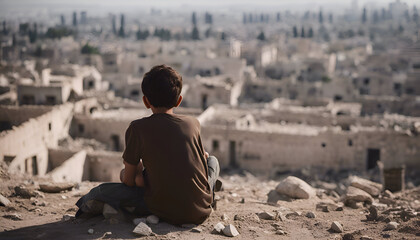 Fototapeta na wymiar A boy is sitting in front of the ruins of an old city