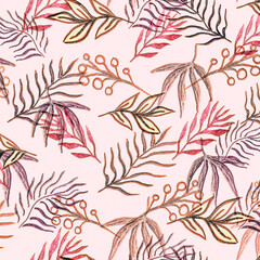 Fototapeta na wymiar Fabric Tropical. Yellow Palm Branch Wallpaper. Flower Leafes. Rainbow Tropical Leaves Hibiscus. Hawaiian Print Designs. Gold Palm Leaf. Retro Hawaii Pattern.