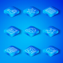 Set line Calculator, Earth globe, Genetic engineering, Chemical formula, Test tube and Atom icon. Vector
