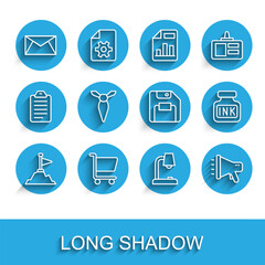 Set line Mountains with flag on top, Shopping cart, Mail and e-mail, Table lamp, Megaphone, Tie, Inkwell and Floppy disk icon. Vector