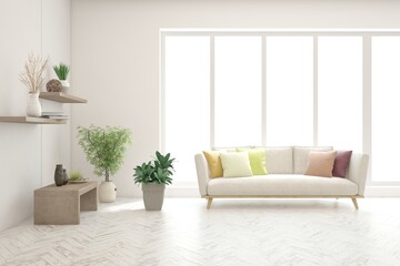 White scandinavian interior design with sofa. 3D illustration