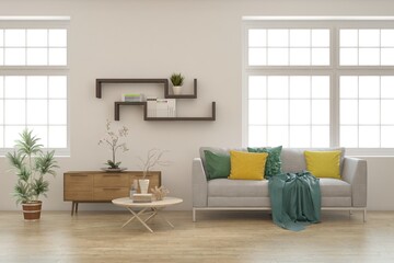 White living room with sofa. Scandinavian interior design. 3D illustration
