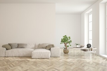 White living room with sofa. Scandinavian interior design. 3D illustration