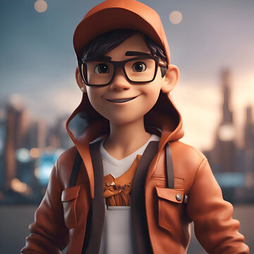 3D render of a cute little boy wearing a cap and coat