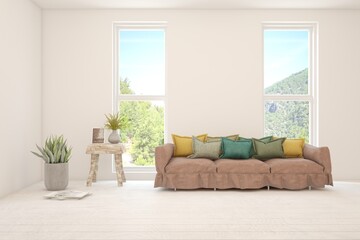 White living room with sofa. Scandinavian interior design. 3D illustration