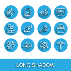 Fototapeta premium Set line Gold ring, bars, coin with gold, Pickaxe, Growth arrow, Bag of and icon. Vector