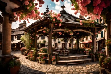 A rustic village square, featuring a weathered gazebo adorned with hanging flowers and surrounded...