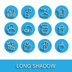 Set line Candy, Cup of tea with rose, Tea leaf, bag, Mate, Lemon, French press and Teapot icon. Vector