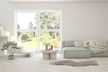 Modern interior concept with sofa and summer landscape in window. 3D illustration