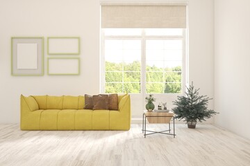 White living room with sofa and summer landscape in window. Scandinavian interior design. 3D illustration