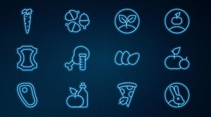 Set line Rabbit, Apple, Sprout, Genetically modified chicken, Leather, Carrot, Chicken egg and Acorn icon. Vector