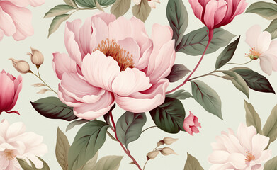 Delicate floral watercolor pattern with a focus on peonies flowers and green leaves.