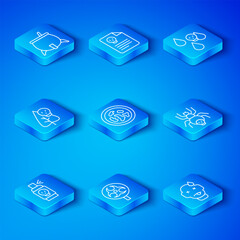 Set line Spray against insects, Petri dish with bacteria, Biohazard symbol, Poisonous spider, Acid rain, flower, Witch cauldron and Man poisoning icon. Vector