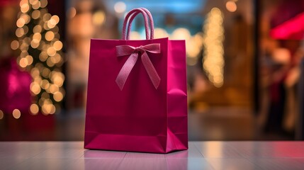 Close up of a fuchsia Shopping Bag in front of a blurred festive Background. Template for Sales and Auctions