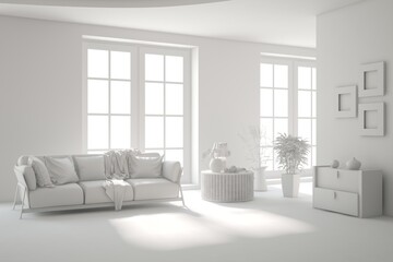White living room concept with sofa. 3D illustration