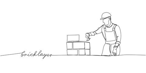 Bricklayer, building, building walls one line art. Continuous line drawing of repair, professional, hand, people, concept, support, maintenance with inscription, lettering, handwritten.