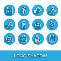 Set line Leaf Eco symbol, Shopping bag with recycle, Tag leaf, Calendar autumn leaves, nature battery, Wind turbine and Electric saving plug icon. Vector