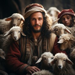 a shepherd surrounded by a flock of lambs, 