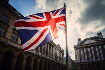 Fototapeta premium City of London flag background. London Big Ben, Elizabeth tower in England and flag of Great Britain, United Kingdom. Flag of England and the United Kingdom, UK. Great Clock and Union Jack of England
