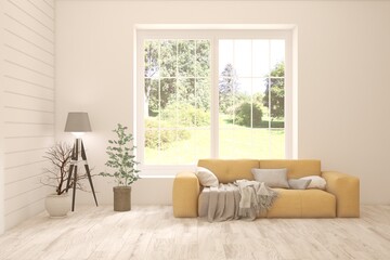 White living room with sofa and summer landscape in window. Scandinavian interior design. 3D illustration