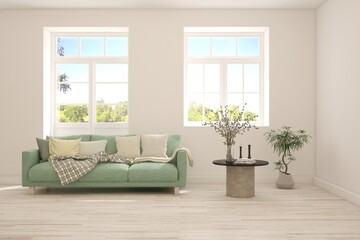 Bright interior design with modern furniture and summer landscape in window. 3D illustration