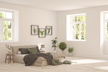 White bedroom concept. Scandinavian interior design. 3D illustration