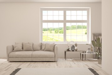 Modern interior concept with sofa and summer landscape in window. 3D illustration