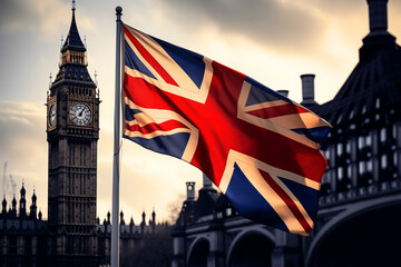 Flag of Great Britain, United Kingdom. City of London flag background. London Big Ben, Elizabeth tower in England. Flag of England and the United Kingdom, UK. Great Clock and Union Jack of England
