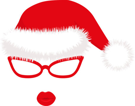 Santa hats, glasses and lips. New Year cliparts. Props for Christmas photo booth. Vector illustration