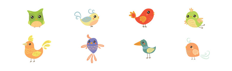 Funny Little Bird with Colorful Feather Vector Set