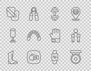 Set line Sport boxing shoes, Boxing gong, Dumbbell, glove, training paws, Mouth guard boxer, Smart watch with heart and Jump rope icon. Vector