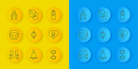 Set line Jump rope, Boxing helmet, Punching bag, Dumbbell, glove, Fitness shaker and training paws icon. Vector