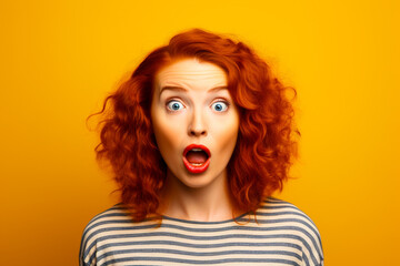 Jeune femme surprise avec des cheveux roux, sur fond jaune