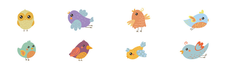 Funny Little Bird with Colorful Feather Vector Set